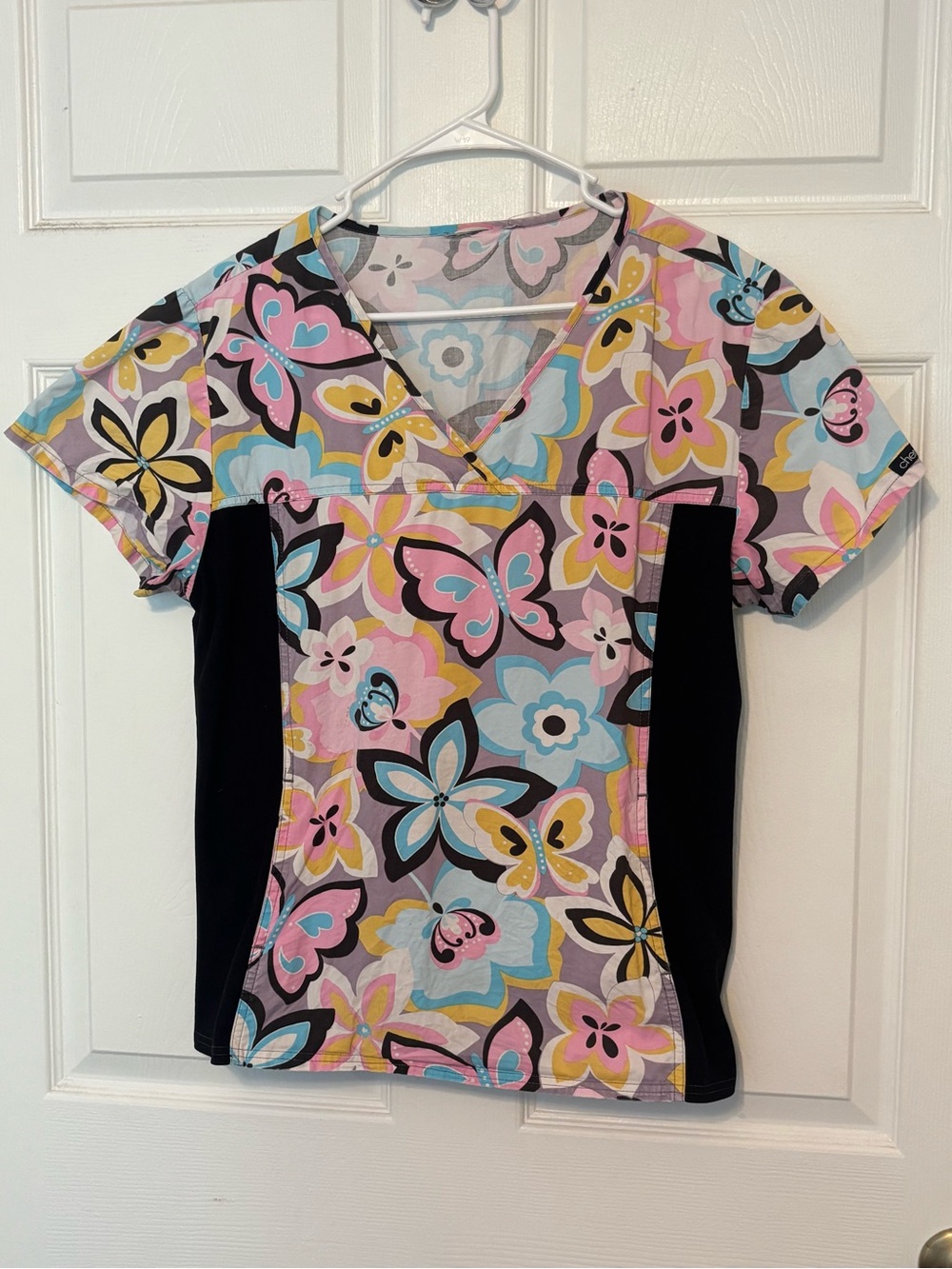 Cherokee Multi-Color Floral & Butterfly V-Neck Scrub Top with Black Panels